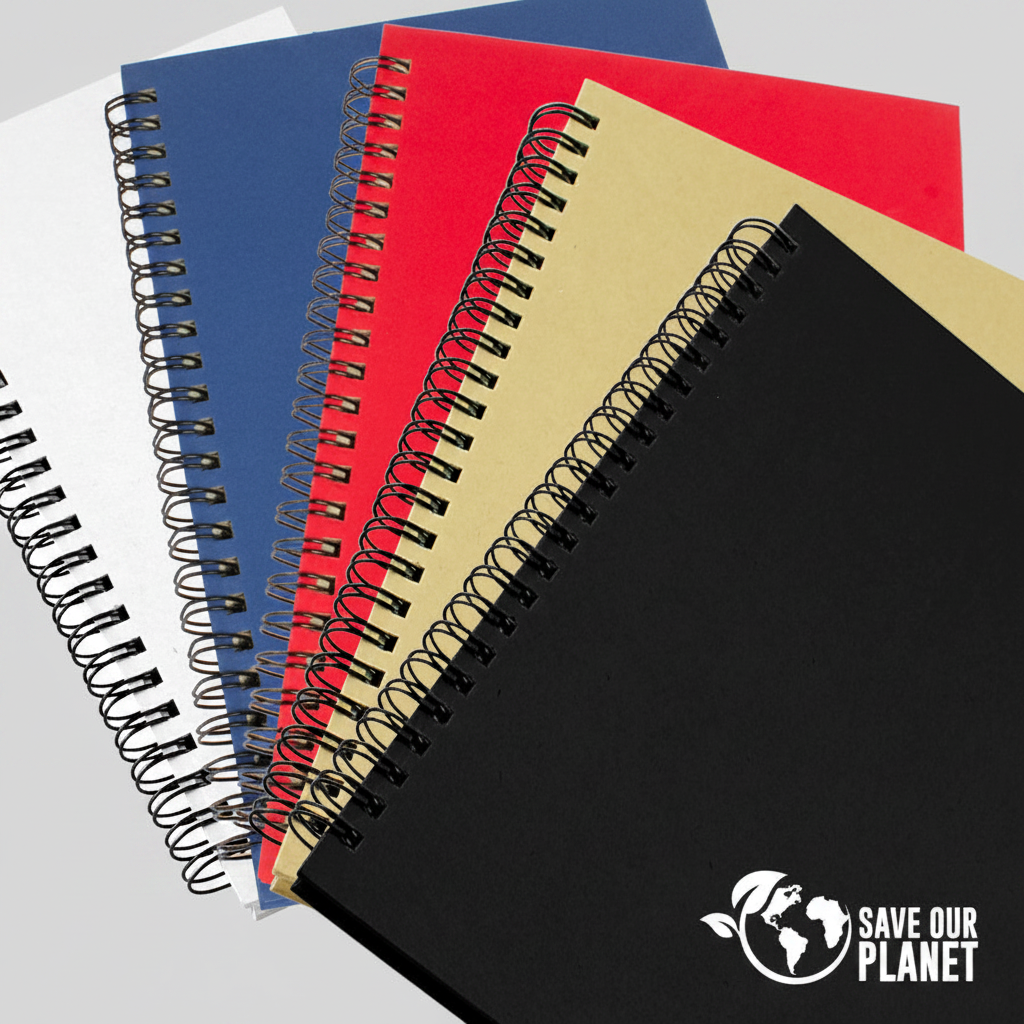 Cuaderno ecológico 70 hojas cuadriculadas de papel reciclado con tapa de cartón reciclado y anillado metálico. Ideal para merchandising sustentable.