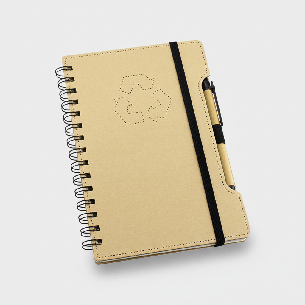 Cuaderno ecológico Compost 70 hojas lisas con tapa de cartón reciclado, cinta elástica y bolígrafo. Ideal para merchandising. Mínimo 100 unidades.