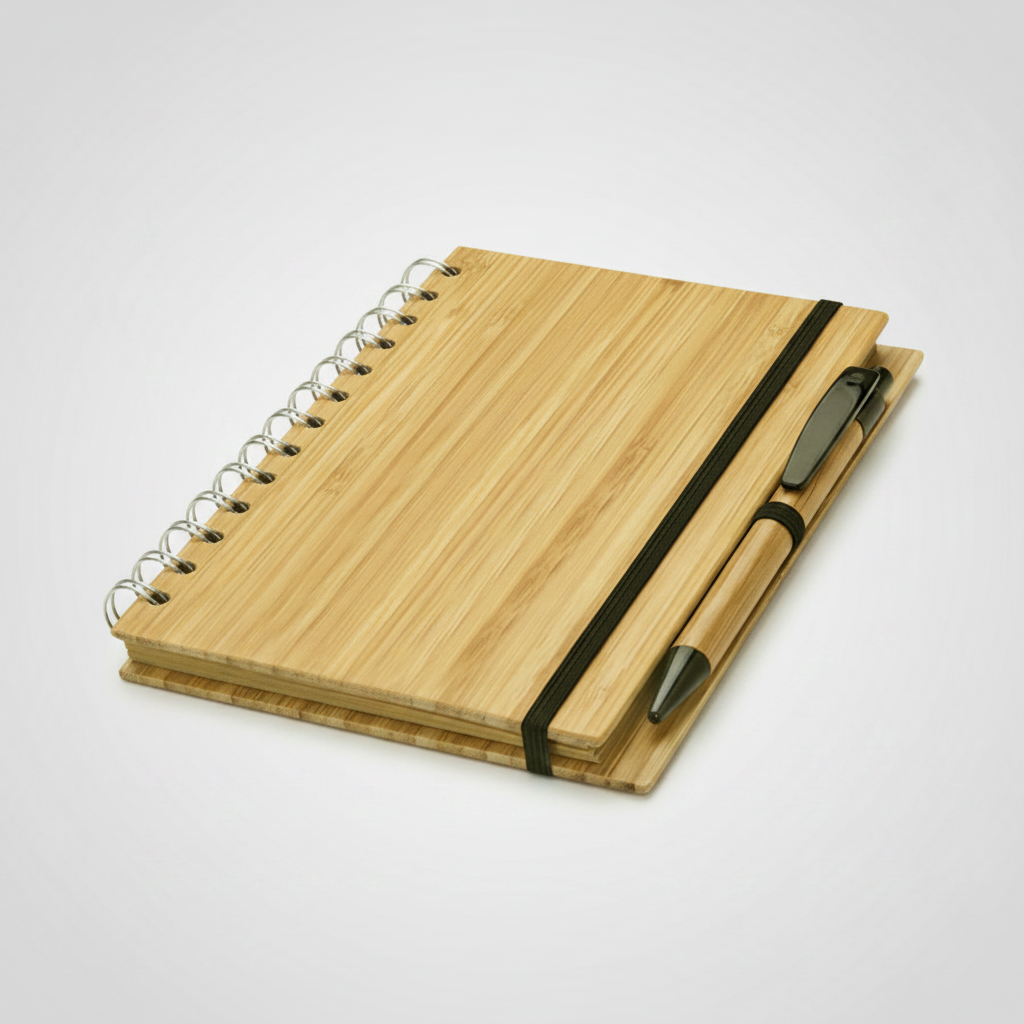 Cuaderno ecológico con tapa dura de bamboo, 70 hojas de papel kraft y bolígrafo de bamboo incluido. Personalizable con logo impreso o grabado.