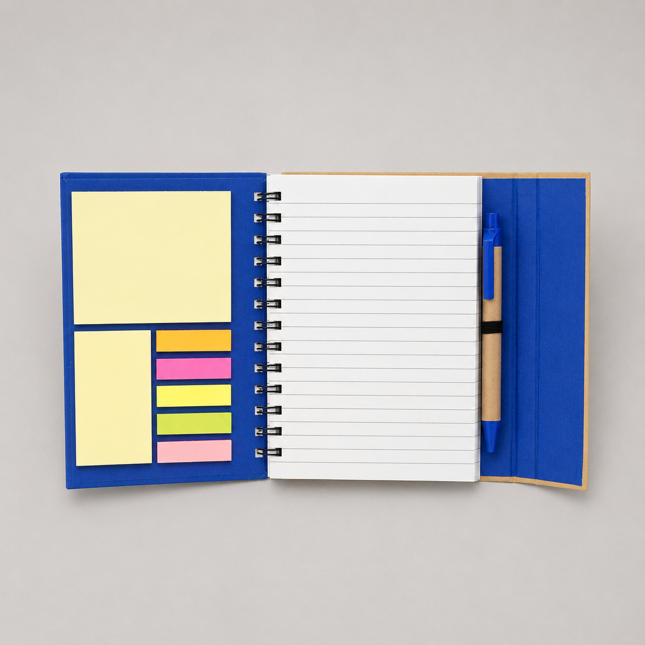 Cuaderno ejecutivo con cierre magnético, 70 hojas rayadas, notas adhesivas, señaladores de colores y bolígrafo. Un regalo corporativo práctico, funcional y personalizable con tu logo.