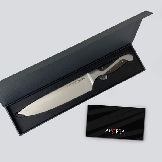Cuchillo Chef Wayu Black Edition de 8 pulgadas en acero inoxidable. Un regalo corporativo premium que combina elegancia, precisión y presentación de alto nivel.