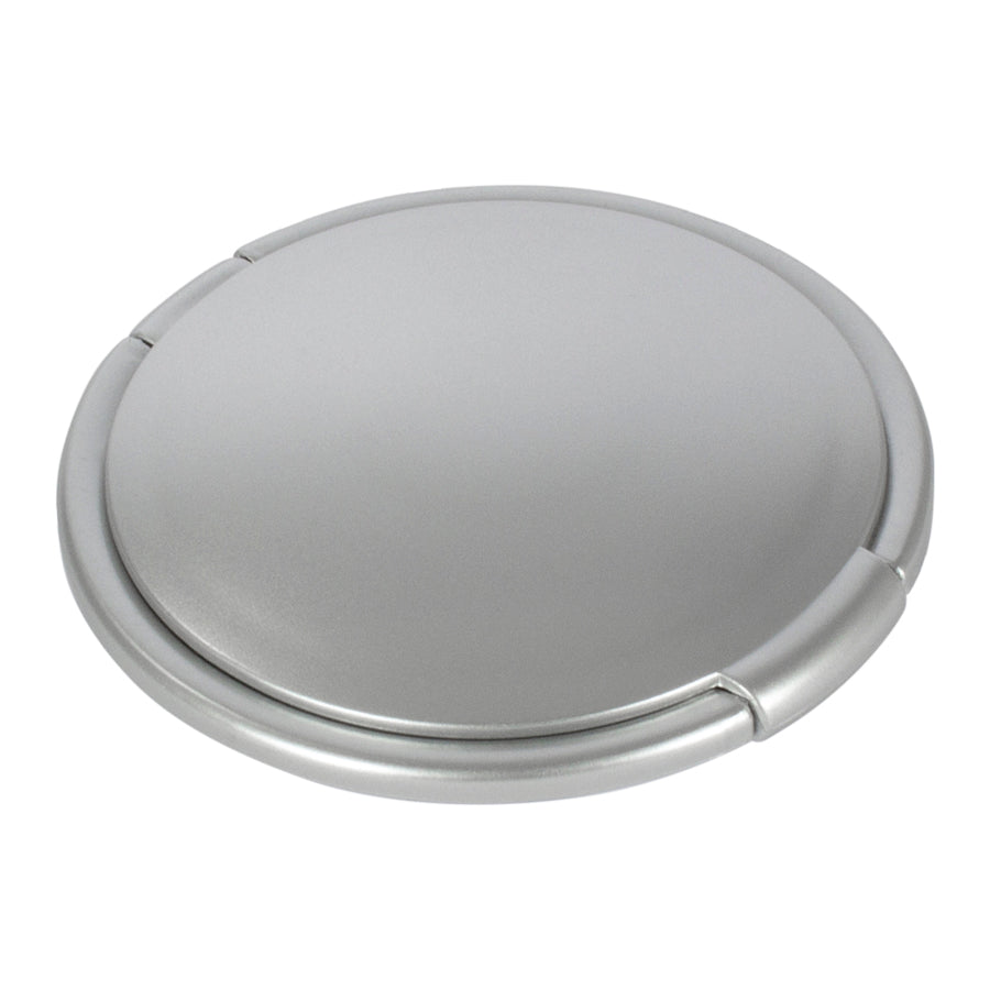 Espejo doble redondo personalizado con logo impreso. Incluye espejo normal y espejo con aumento, diseño compacto color plata ideal para regalos corporativos y merchandising promocional.