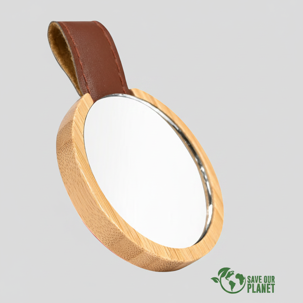 Espejo redondo de bambú personalizado con logo impreso. Incluye correa de eco-cuero café, diseño compacto y elegante, ideal para regalos corporativos y merchandising promocional.