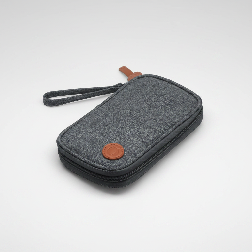 Organizador tecnológico con compartimentos internos acolchados para cables, auriculares, memorias y accesorios electrónicos. Personalizable con logo para merchandising corporativo.