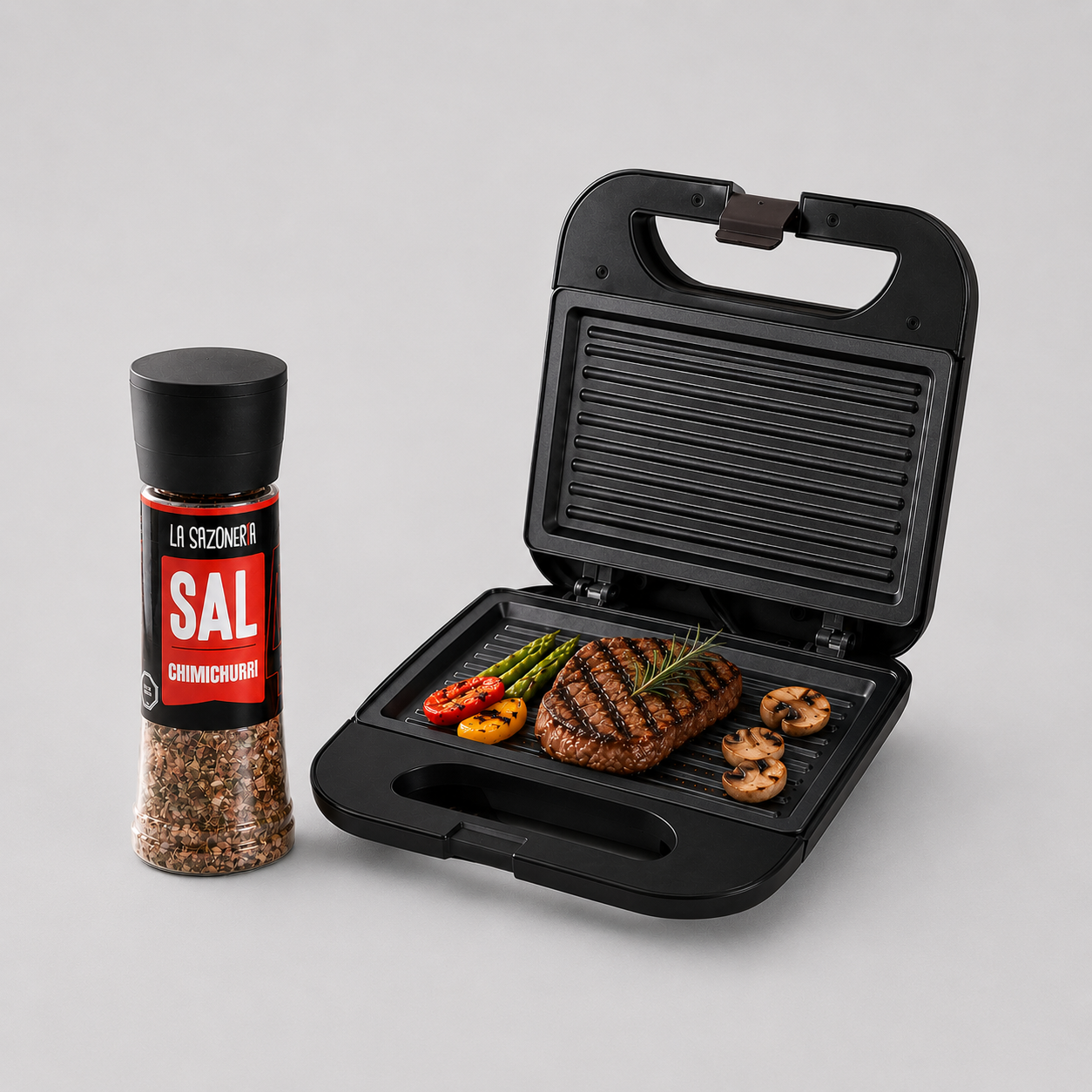 Regalo gourmet con parrilla eléctrica Grill Maker y sal chimichurri para disfrutar la experiencia de cocinar con más sabor. Ideal para Día del Padre, Día del trabajador y reconocimiento.