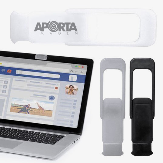 Funda deslizante para cámara web 1,6x4,1cm en blanco o negro. Personalizable con logotipo. Protege tu privacidad. Regalo corporativo. Pedido mínimo 500 unidades.