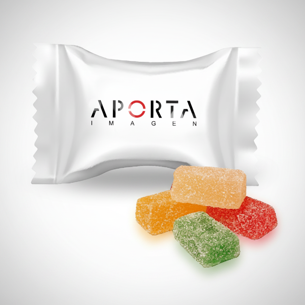 Gomitas de gelatina cubiertas de azúcar con deliciosos sabores frutales. Presentadas en sachet personalizado con logo corporativo para eventos y promociones.