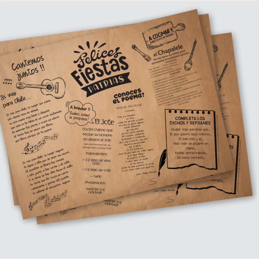 Individuales con actividades inspiradas en las tradiciones chilenas, incluyendo canciones, poemas, refranes y recetas. Personalizables con logo corporativo para celebraciones y eventos.