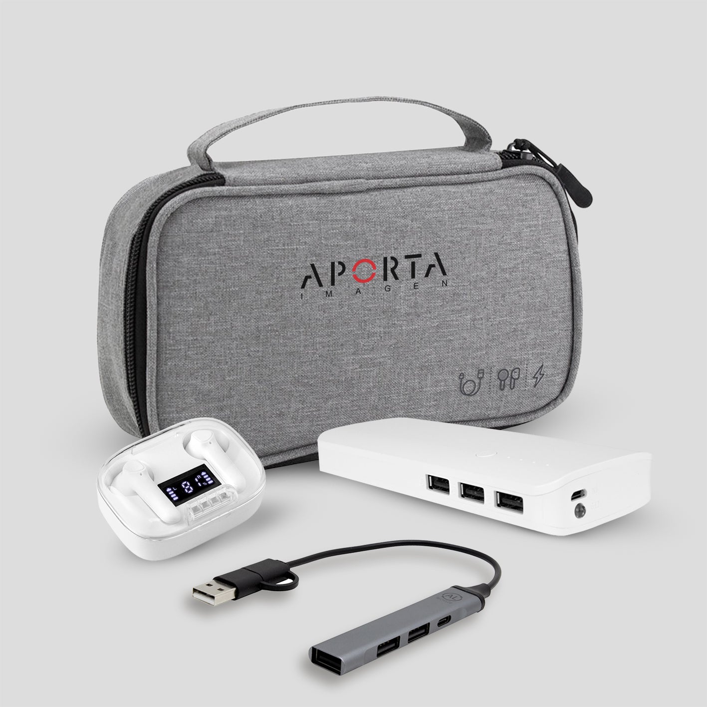 Optimiza la jornada de tu equipo con el Kit Conectividad. Power Bank 13.000 mAh, auriculares BT y HUB 4 en 1. Regalo tecnológico con logo para el Día del Trabajador. ¡Cotiza ahora!