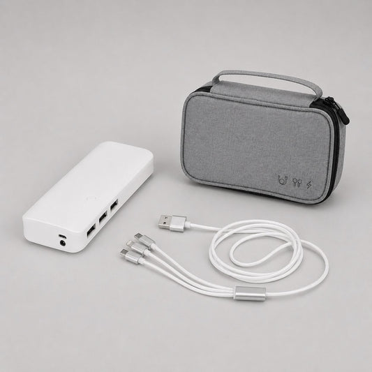 Kit Oficina Preparada con powerbank de 13.000 mAh, organizador de cables y cable multipuerto. Un regalo corporativo ideal para mantener la conectividad y la productividad ante cortes de energía e imprevistos. Cotiza con nosotros!