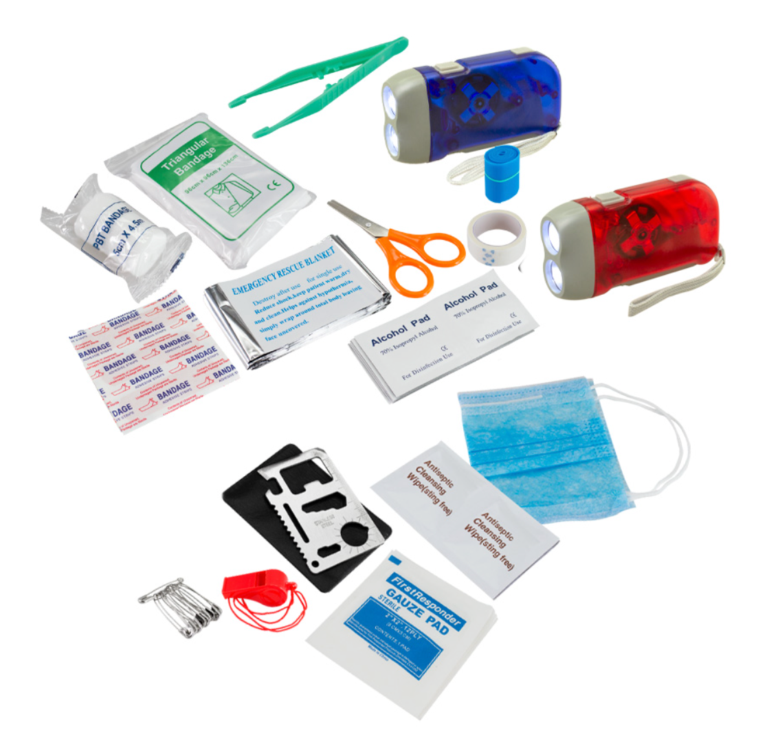 Kit de Primeros Auxilios con 49 accesorios, linterna dínamo, manta térmica, multiherramienta y estuche rígido. Un regalo corporativo ideal para promover la seguridad, la prevención y el bienestar.