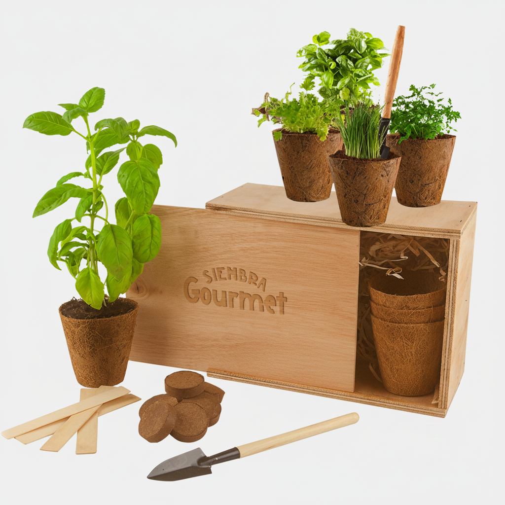 Kit de siembra ecológico con maceteros biodegradables, semillas aromáticas y caja de madera. Un regalo corporativo sustentable con logo grabado.
