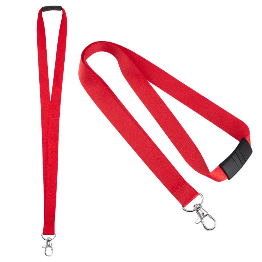 Lanyard porta credencial de 2 cm de ancho con mosquetón metálico y cierre de seguridad desmontable. Disponible en varios colores y personalizable con logo corporativo.