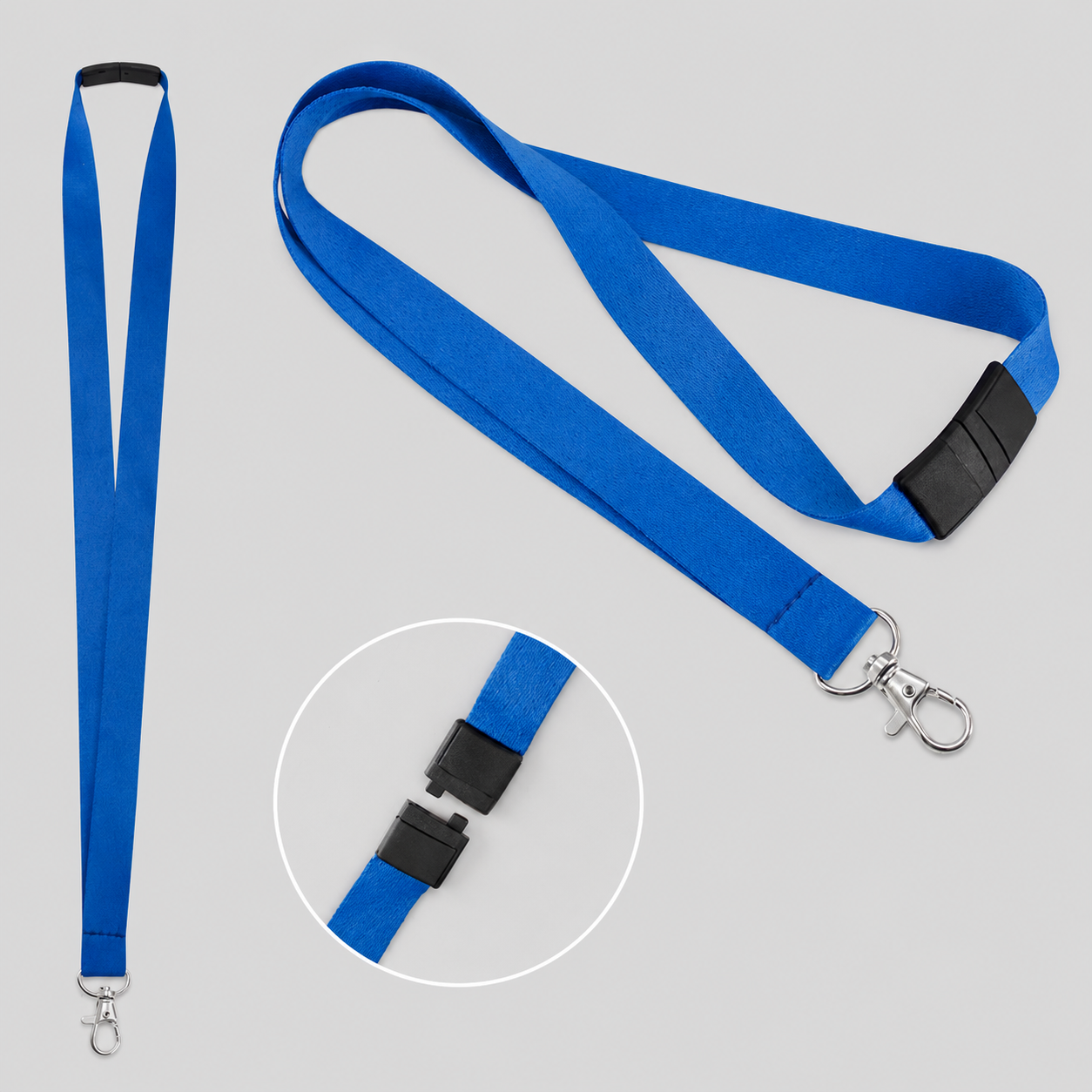 Lanyard porta credencial de 2 cm de ancho con mosquetón metálico y cierre de seguridad desmontable. Disponible en varios colores y personalizable con logo corporativo.
