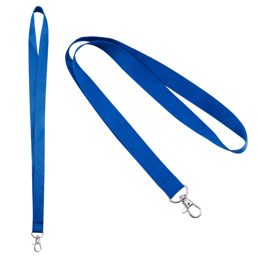 Lanyard porta credencial de poliéster texturado de 2 cm de ancho con mosquetón metálico. Disponible en varios colores y personalizable con logo corporativo.