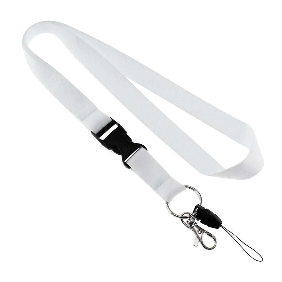 Lanyard de poliéster liso de 2 cm para sublimación, con mosquetón metálico, tip-top de seguridad y cordón porta celular. Personalizable con logo corporativo.