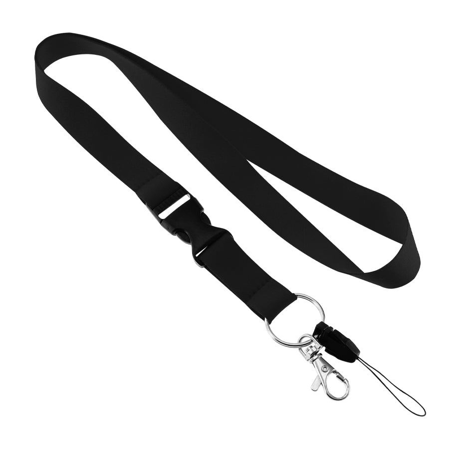 Lanyard de poliéster liso de 2 cm para sublimación, con mosquetón metálico, tip-top de seguridad y cordón porta celular. Personalizable con logo corporativo.