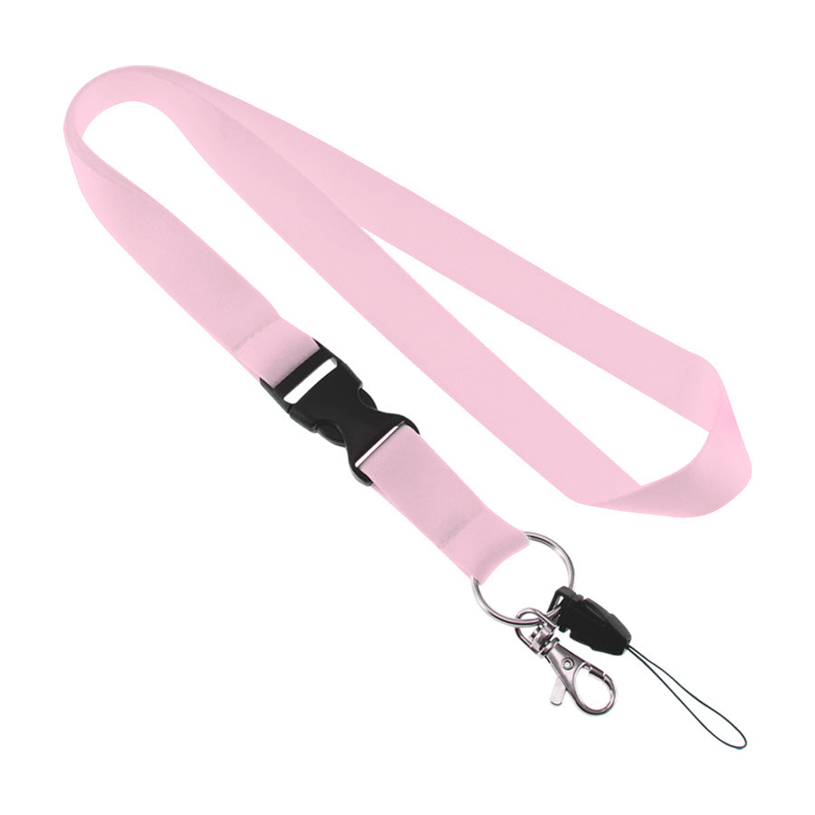 Lanyard de poliéster liso de 2 cm para sublimación, con mosquetón metálico, tip-top de seguridad y cordón porta celular. Personalizable con logo corporativo.