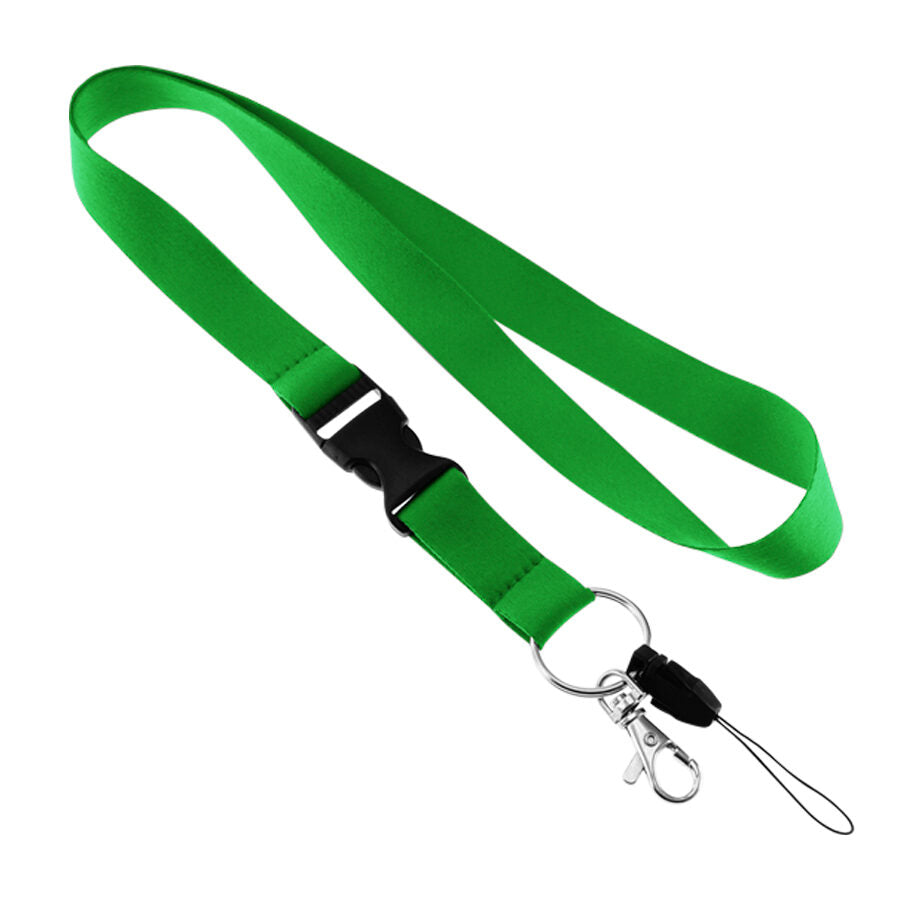 Lanyard de poliéster liso de 2 cm para sublimación, con mosquetón metálico, tip-top de seguridad y cordón porta celular. Personalizable con logo corporativo.