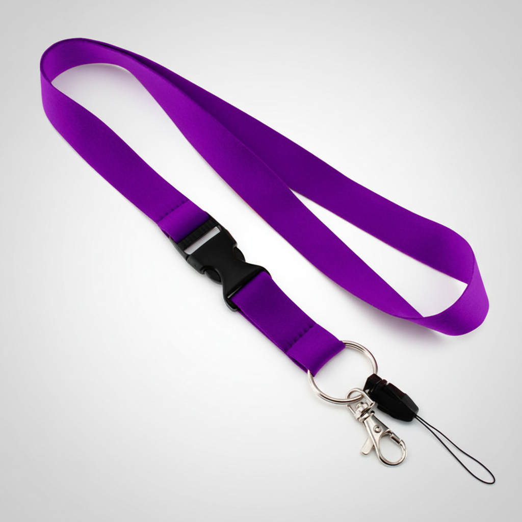 Lanyard de poliéster liso de 2 cm para sublimación, con mosquetón metálico, tip-top de seguridad y cordón porta celular. Personalizable con logo corporativo.