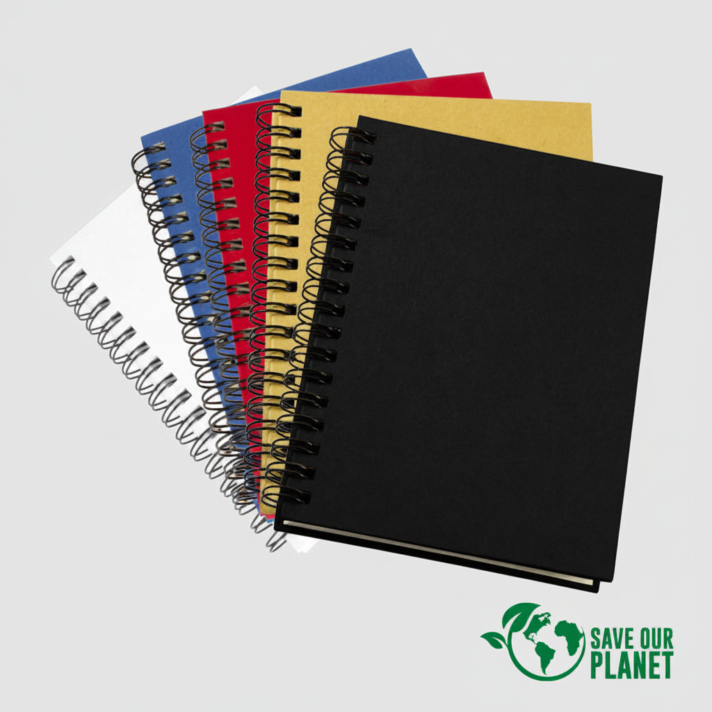 Libreta ecológica con tapas de cartón reciclado, 80 hojas lineadas y prepicadas de papel reciclado y anillado metálico doble cero. Personalizable con logo.
