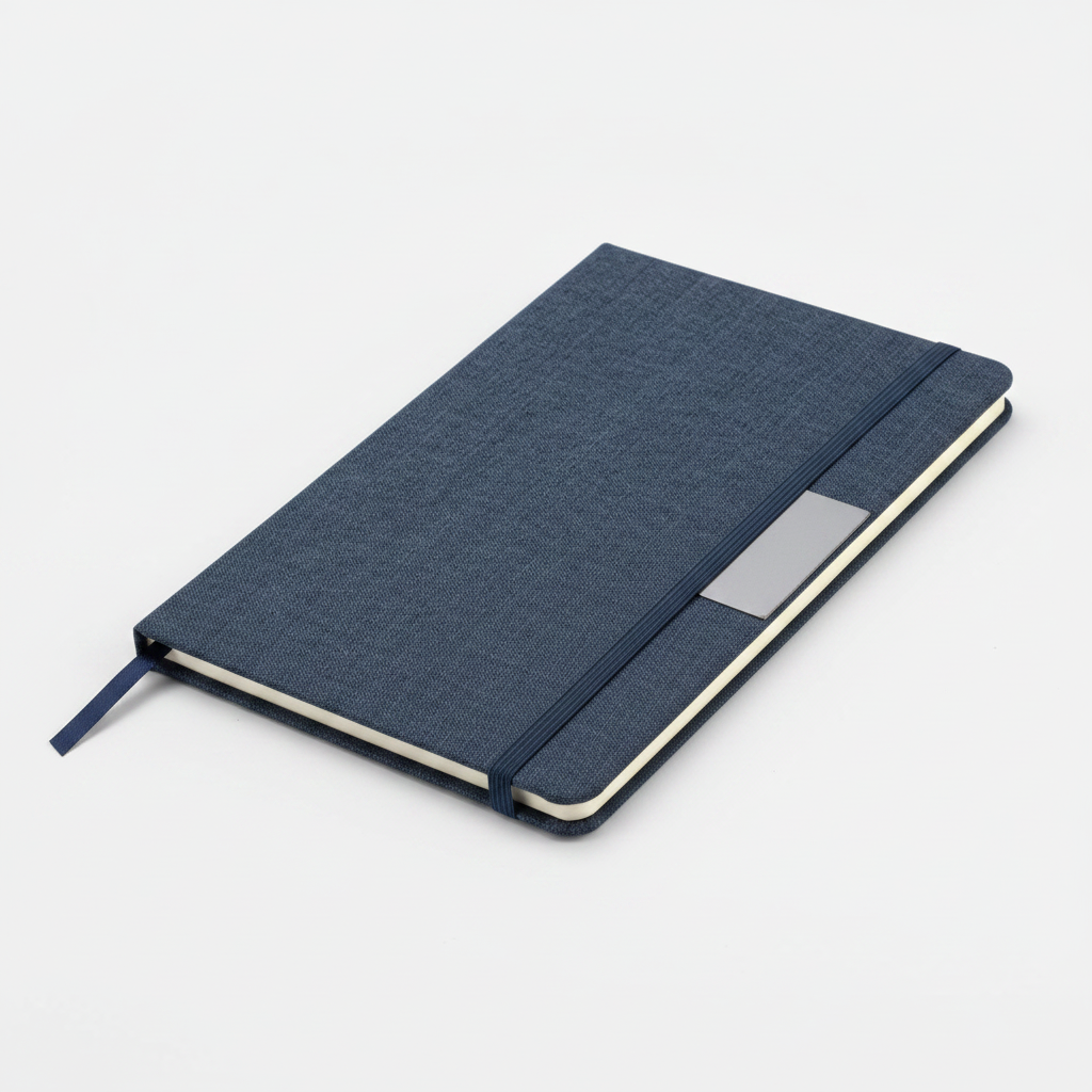 Libreta con tapa de cartón de 300 g, 80 hojas rayadas, banda elástica y placa metálica para grabado de logo. Disponible en varios colores.