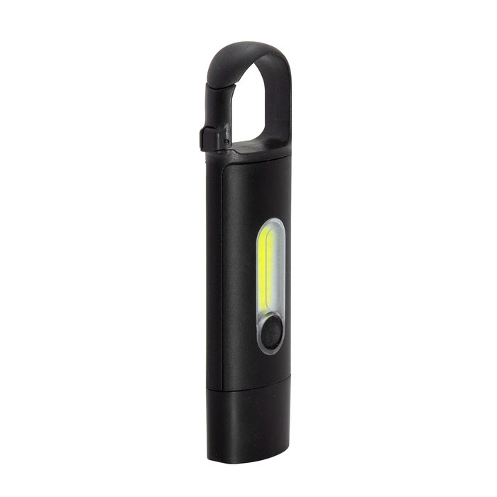 Linterna recargable con mosquetón, 3 intensidades y puerto USB-C. Logo corporativo opcional. El regalo práctico para el Día del Padre.