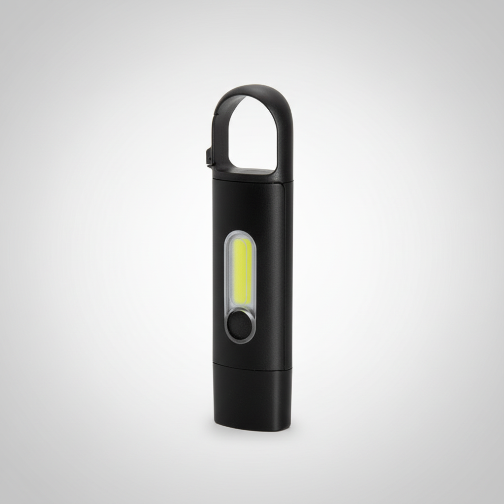 Linterna recargable con mosquetón, 3 intensidades y puerto USB-C. Logo corporativo opcional. El regalo práctico para el Día del Padre. Mín. 100 unidades.