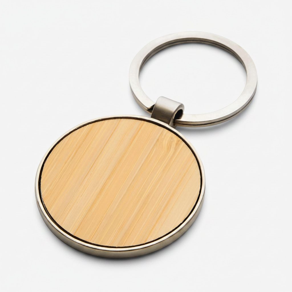 Llavero circular resistente de aleación de zinc con acabado brillante. Panel de bambú ideal para grabado o impresión de logo. Calidad premium para regalar.