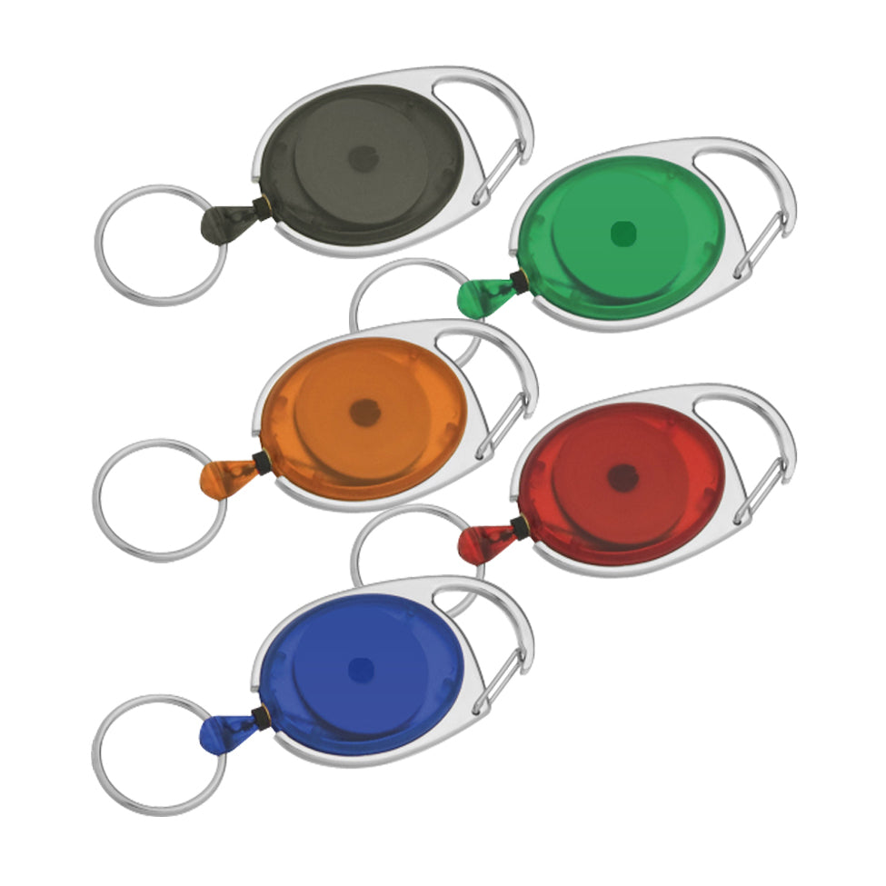 Llavero con mosquetón y extensor retráctil en diseño translúcido. Disponible en varios colores y personalizable con logo corporativo para promociones y eventos.