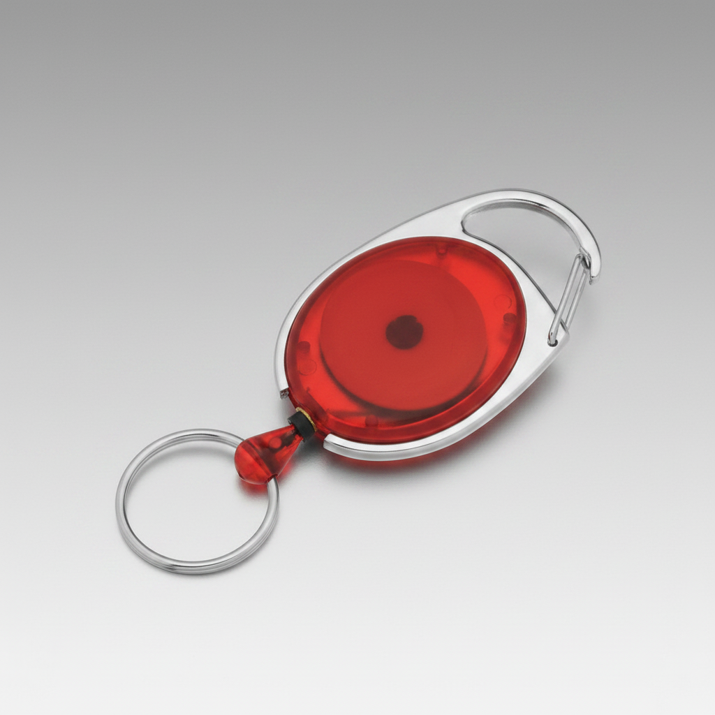 Llavero con mosquetón y extensor retráctil en diseño translúcido. Disponible en varios colores y personalizable con logo corporativo para promociones y eventos.