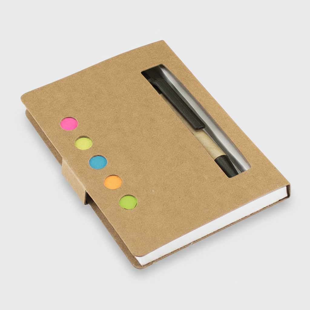 Memo set ecológico con bolígrafo corto, 125 banderitas adhesivas de colores y block 80 hojas. Ideal para merchandising sustentable.