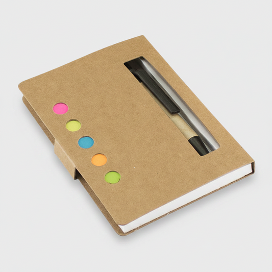 Memo set ecológico con bolígrafo corto, 125 banderitas adhesivas de colores y block 80 hojas. Ideal para merchandising sustentable.