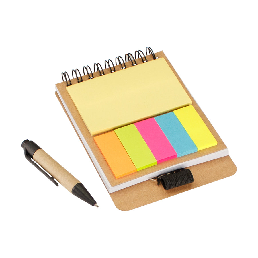 Memo set ecológico con bolígrafo, 125 banderitas, 25 notas adhesivas y block 60 hojas lineadas. Espiral metálico. Ideal para merchandising sustentable.