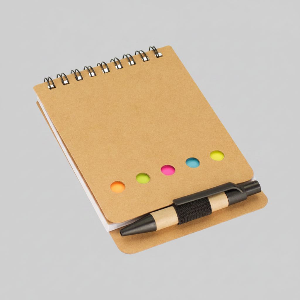 Memo set ecológico con bolígrafo, 125 banderitas, 25 notas adhesivas y block 60 hojas lineadas. Espiral metálico. Ideal para merchandising sustentable.