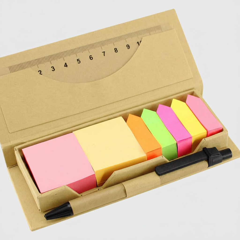 Memo set ecológico con bolígrafo, regla 12cm, 300 notas adhesivas y 750 banderitas de colores. Ideal para merchandising. Mínimo 100 unidades.