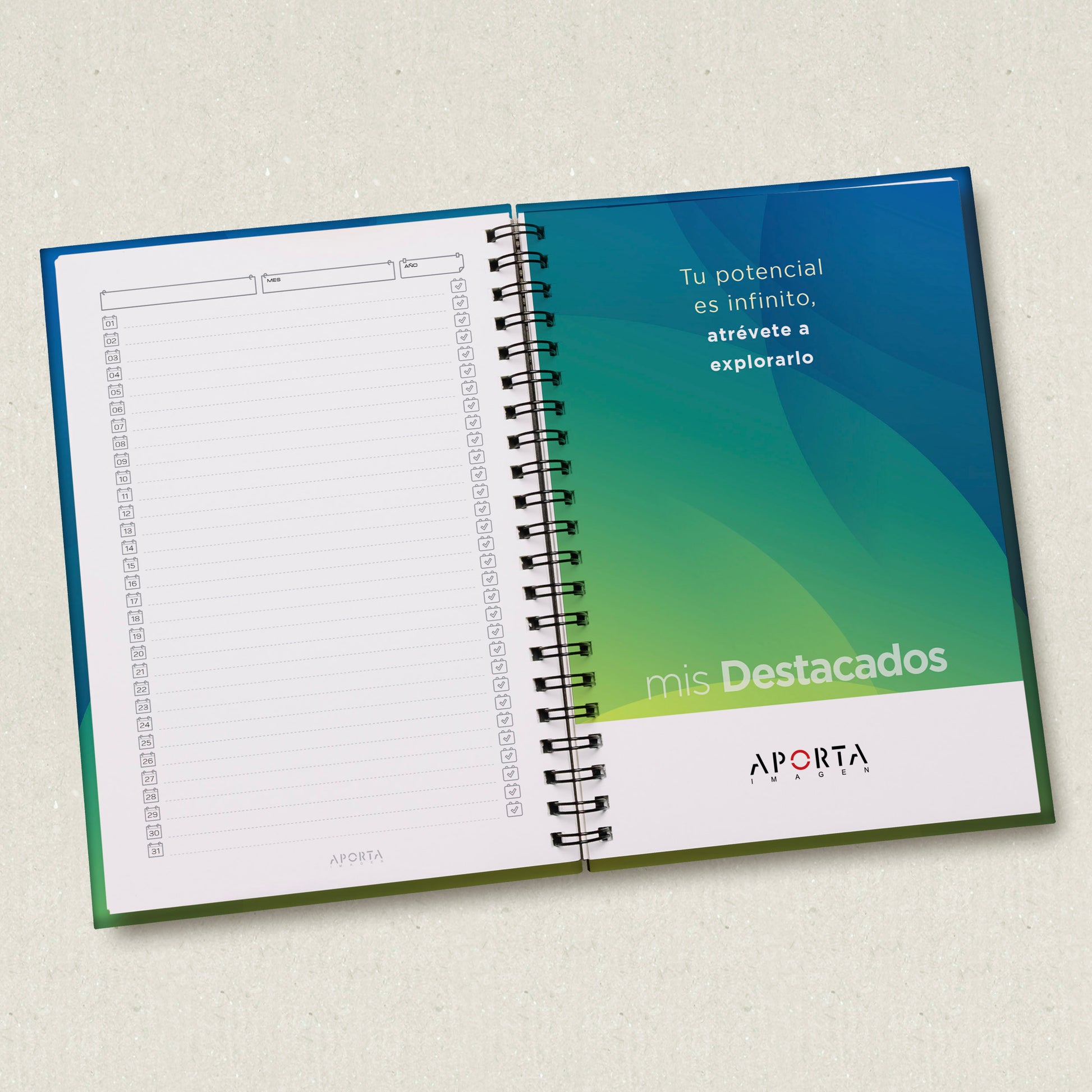 Mejora el bienestar de tus colaboradores con este planner de diseño exclusivo. Herramienta clave para la organización y motivación diaria. Personaliza el éxito de tu empresa este año