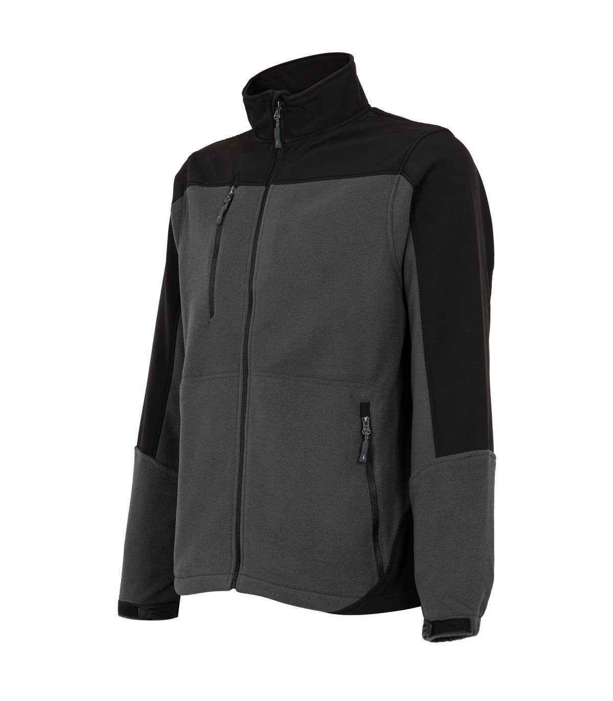 Micropolar con softshell cortaviento y forro polar interior. Protección total para el frío. Modelo para hombre y mujer. Colores: azul-gris. Bordado.