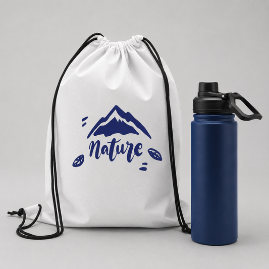 Set corporativo con mochila de poliéster y botella térmica de acero inoxidable de 720 ml. Personalizable con logo y presentación con tarjeta de saludo.