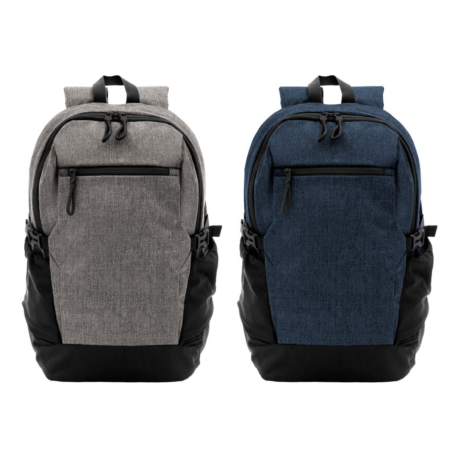 Mochila corporativa portanotebook de 23 litros con compartimento acolchado para notebook, bolsillos organizadores, porta botellas laterales y espalda ventilada. Personalizada con logo para empresas