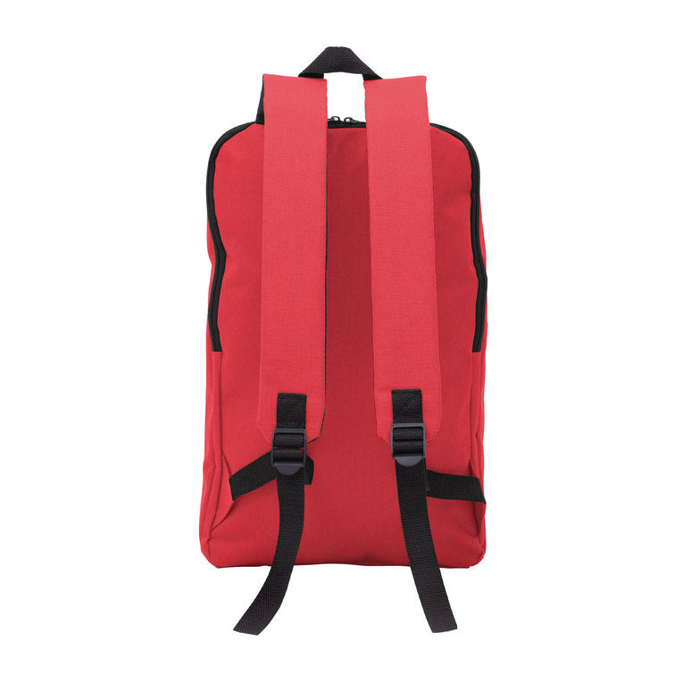 Mochila corporativa urbana de 12 litros personalizada con logo. Diseño bitono, bolsillo frontal con cierre, correas ajustables y variedad de colores. Ideal para merchandising, eventos y regalos empresariales.