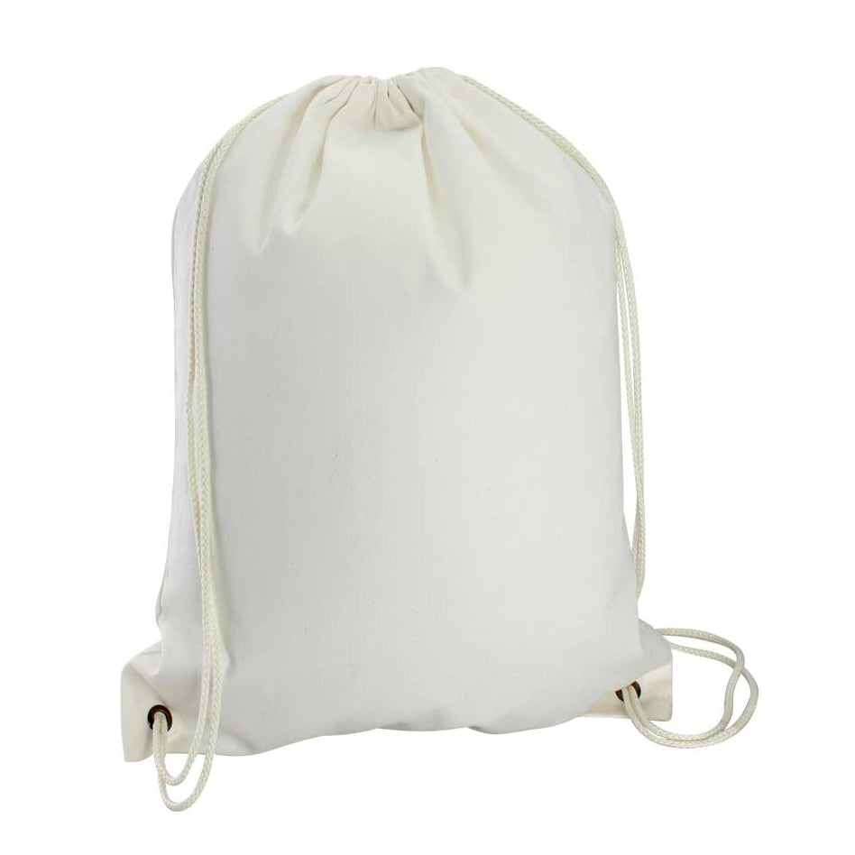 Mochila de Poly-Cotton natural con cierre de cordón y diseño liviano. Ideal para eventos, promociones y regalos corporativos personalizados con logo.