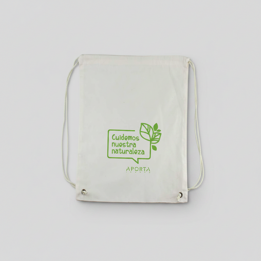 Mochila de Poly-Cotton natural con cierre de cordón y diseño liviano. Ideal para eventos, promociones y regalos corporativos personalizados con logo.