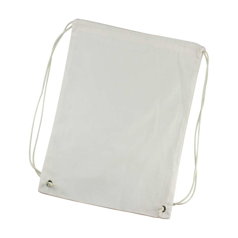 Mochila de Poly-Cotton natural con cierre de cordón y diseño liviano. Ideal para eventos, promociones y regalos corporativos personalizados con logo.