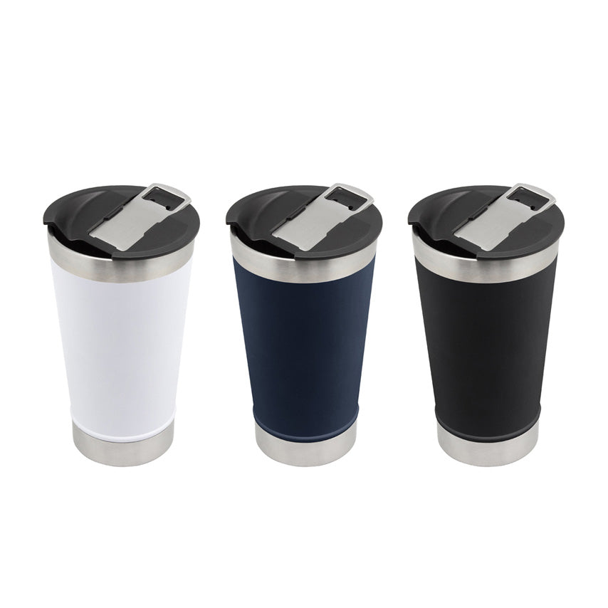 Mug-bar térmico 500ml de acero inoxidable con abridor de botellas. Mantiene 2hrs caliente, 4hrs frío. Logo grabado. Mínimo 100 unidades.