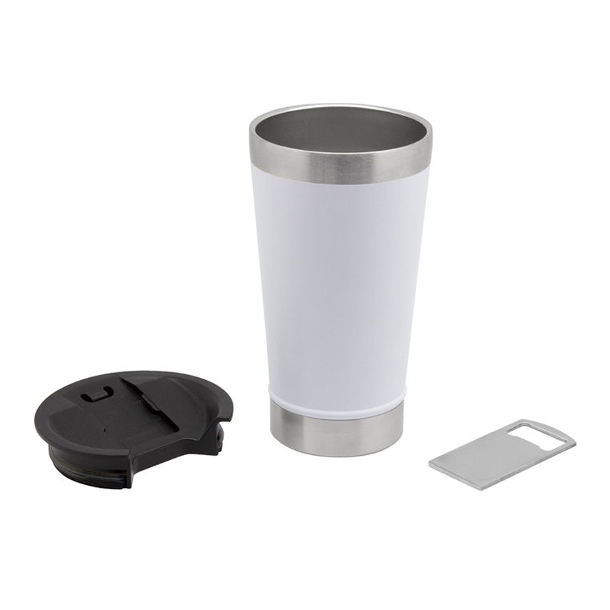 Mug-bar térmico 500ml de acero inoxidable con abridor de botellas. Mantiene 2hrs caliente, 4hrs frío. Logo grabado. Mínimo 100 unidades.