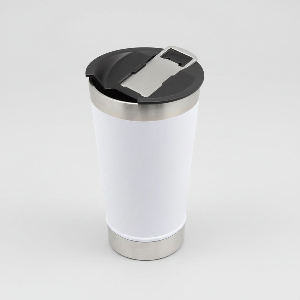 Mug-bar térmico 500ml de acero inoxidable con abridor de botellas. Mantiene 2hrs caliente, 4hrs frío. Logo grabado. Mínimo 100 unidades.