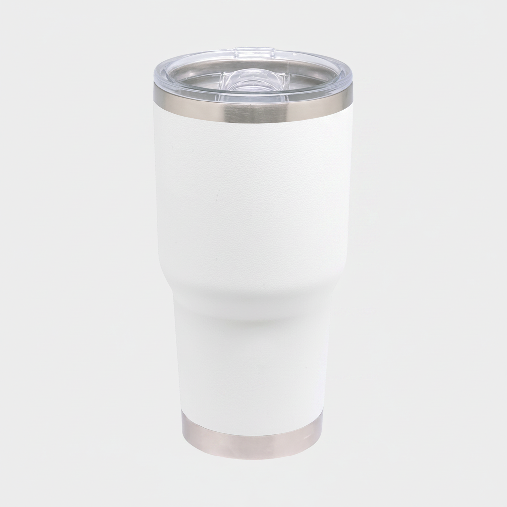Mug grande de acero inoxidable 850ml con tapa plástica transparente a presión. Ideal para merchandising con logo impreso o grabado. Mínimo 100 unidades.