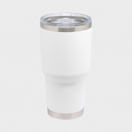 Mug grande de acero inoxidable 850ml con tapa plástica transparente a presión. Ideal para merchandising con logo impreso o grabado. Mínimo 100 unidades.