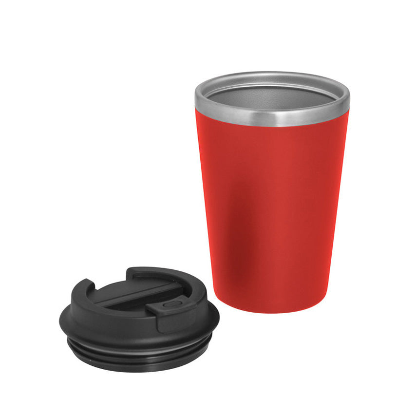 Mug 350ml con interior de acero inoxidable y exterior PP mate. Tapa antiderrame y base antideslizante. Logo impreso. Mínimo 100 unidades.